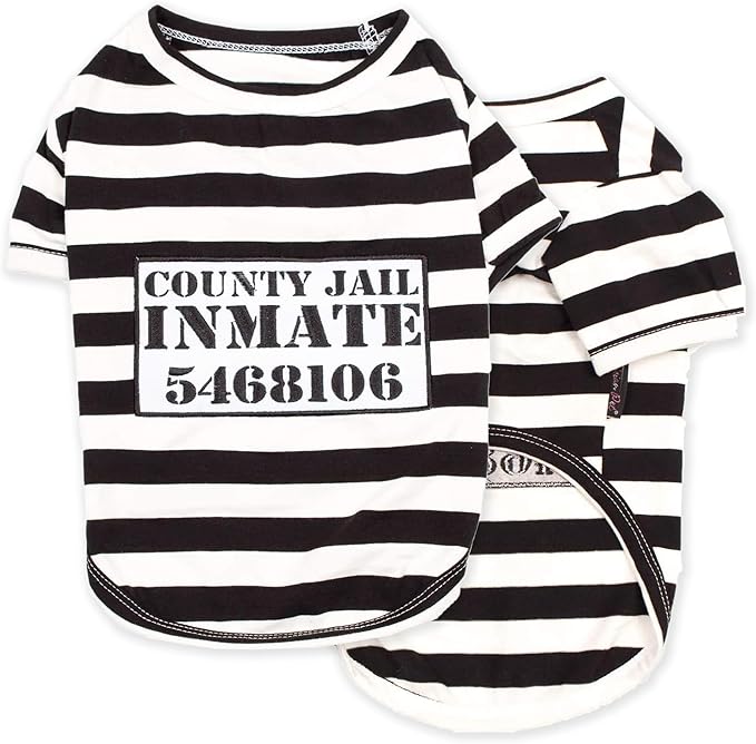 Parisian Pet Dog Shirt - Prisoner Dog Costume - 100% Cotton Black and White Strips Dog Clothes - Lightweight Polyester Dog Shirts - Sleeved Dog Costume for Medium Dogs - Pet Costumes - L