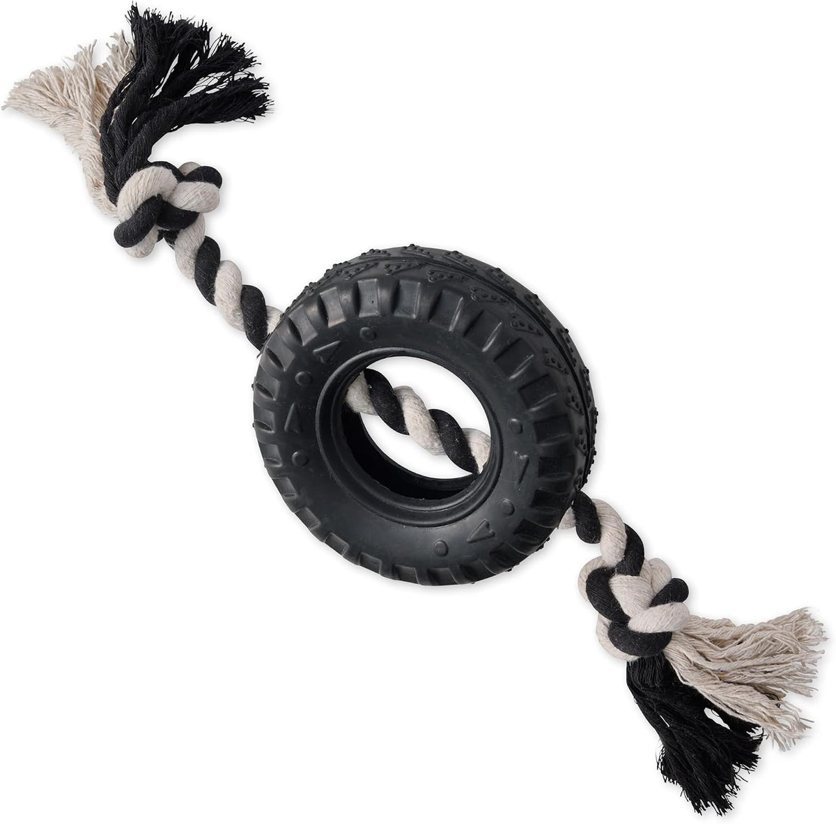Pet Passion Natural Rubber Tire and Organic Cotton Rope Pull and Chew - Black / Medium