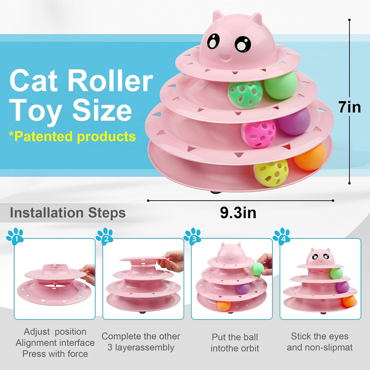 UPSKY Cat Toy Roller 3-Level Turntable Cat Toys with Six Colorful - D-Pink - image 2
