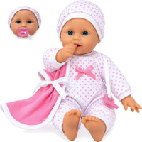 New York Doll Collection 11 inch soft body baby doll in polka dot onesie with pacifier and blanket - view 10