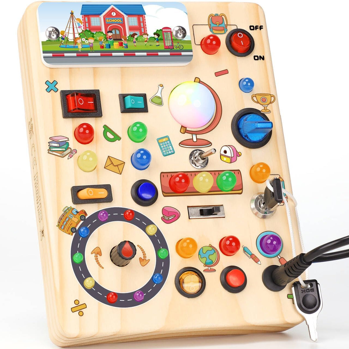 RichBoy Busy Boards, Lights Switch-Style, Wooden - School 6.7" x 5.3"