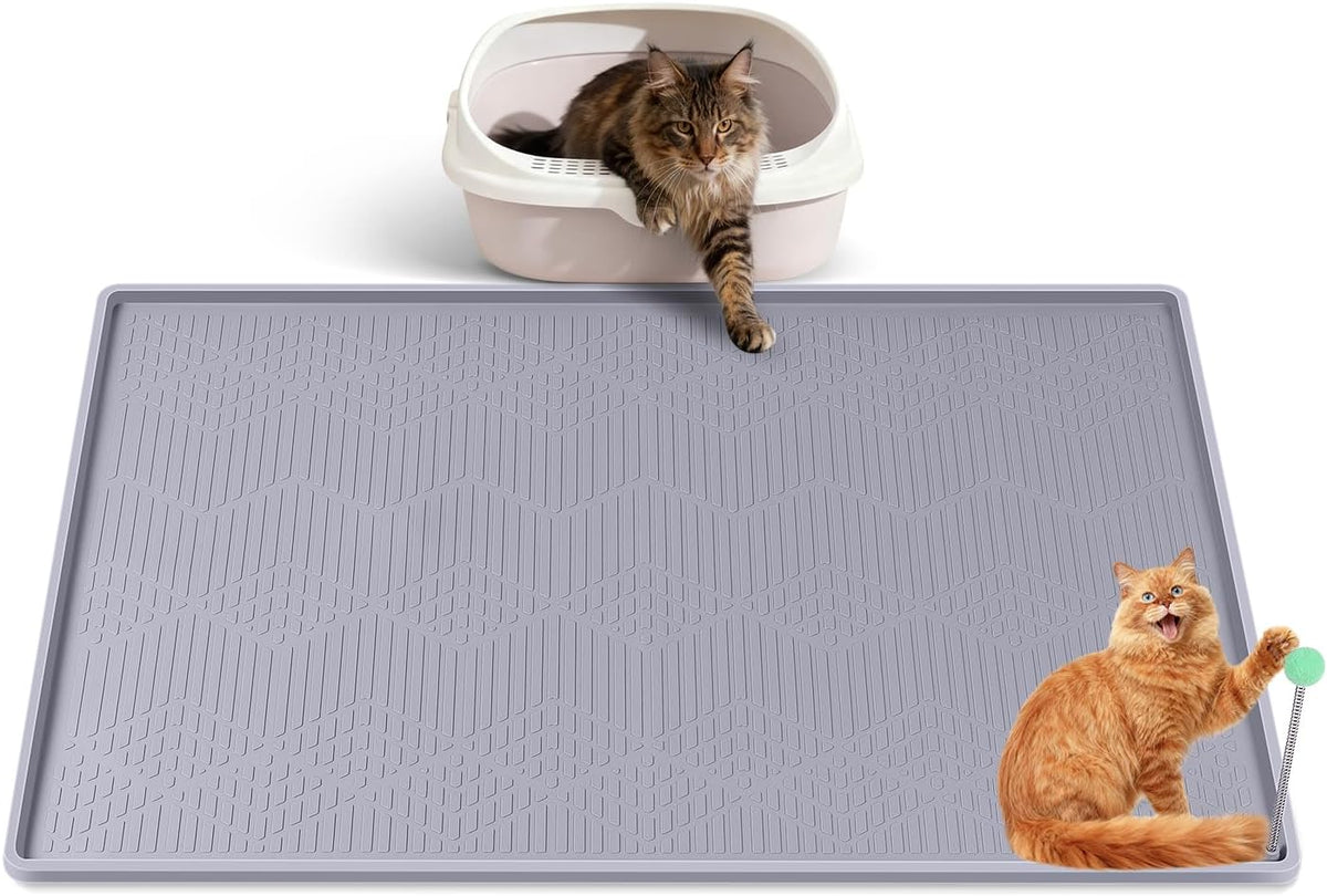 Cat Litter Mat for Litter Box 51"x25.6" Extra Large Silicone Mat - Light Grey / 34"x22"- with Toy ball