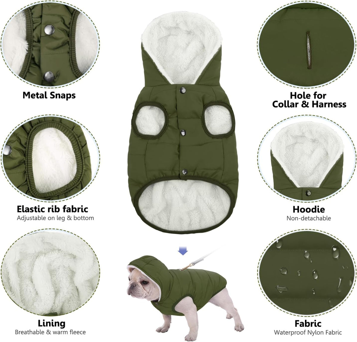 Dog Winter Coat,Warm Fleece Lined Dog Jacket with Leash Hole & Hood – Essentials for Dogs - Green / Large - image 4