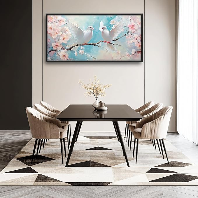 Large White Dove Flower Wall Art for Living Room, Framed Oversized Pigeon Cherry Blossom Wall Decor Nature Canvas Painting Modern Artwork for Living Room Bathroom Bedroom Office Dining Room 60"x30"