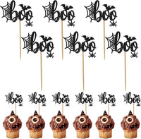 12 black glitter Halloween bat cupcake toppers in 4 patterns on cupcakes - view 7