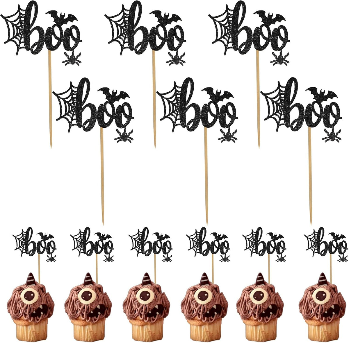 12 black glitter Halloween bat cupcake toppers in 4 patterns on cupcakes - view 7