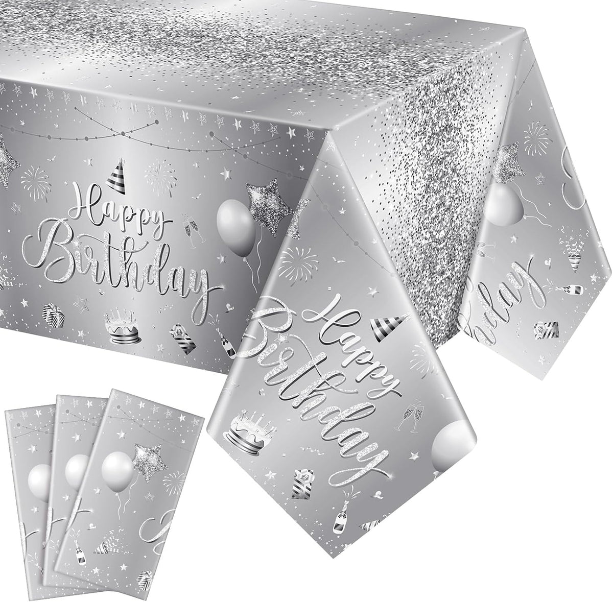 Tudomro 3 Pcs Plastic Happy Birthday Party Tablecloths - Silver / 3