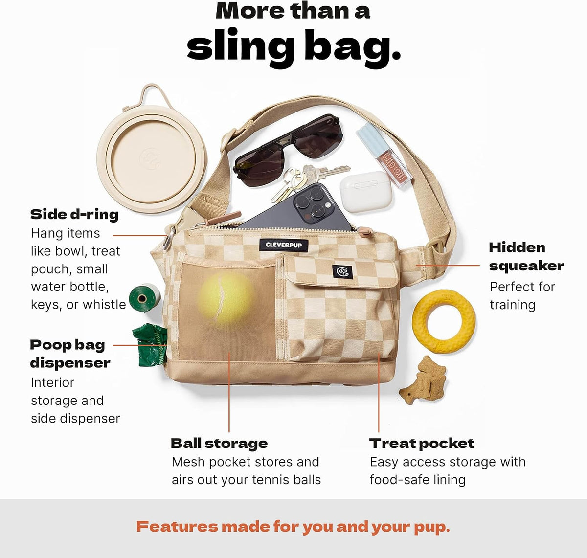 Cleverpup Walk & Train 2-in-1 Dog Walking Bag, Hands-Free - Tan Checkerboard - image 3