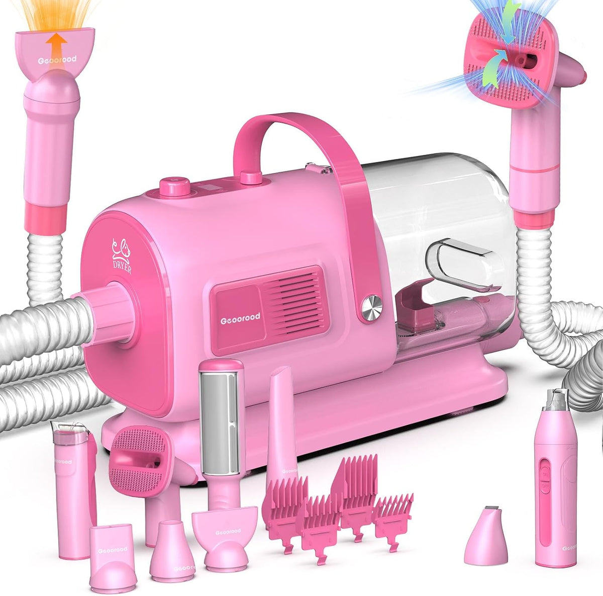 Pink 7-in-1 dog grooming vacuum and dryer kit with clippers and brushes