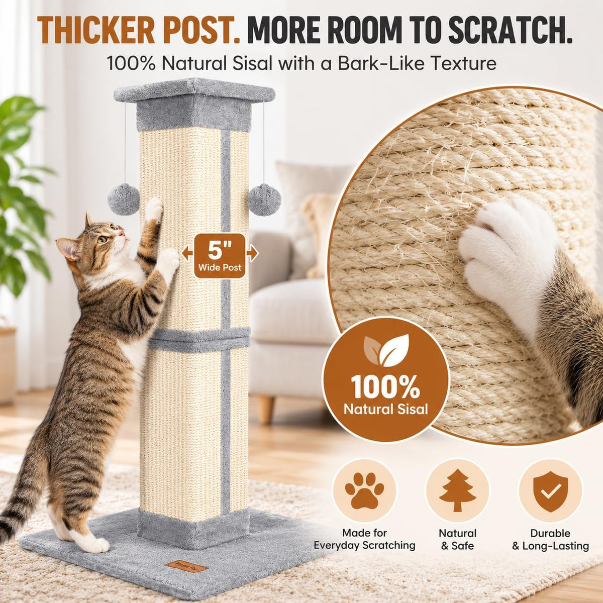 Cat Scratching Post 33 Inch for Indoor Cats - Grey - image 4