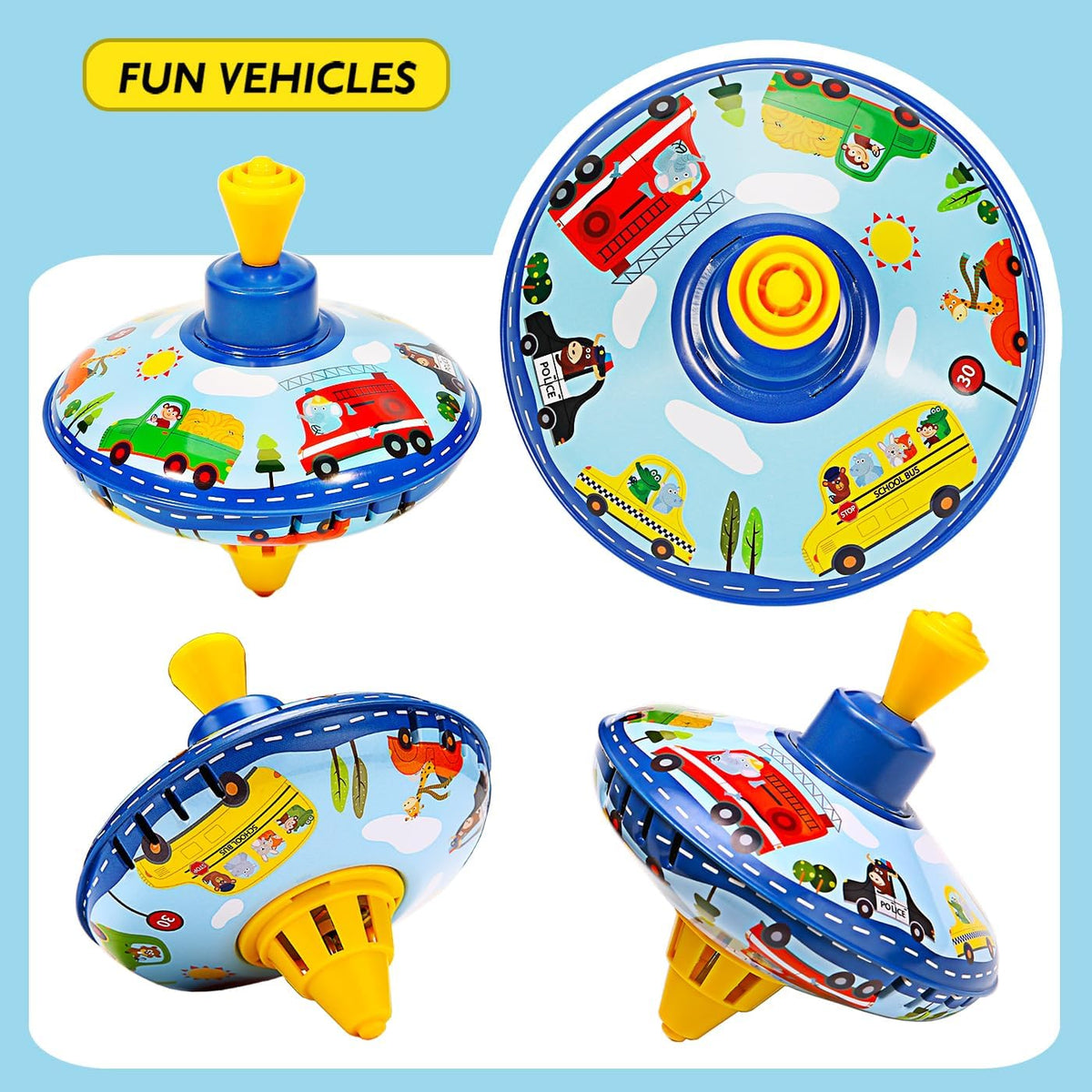 beeqoo retro tin spinning top with colorful vehicle pattern on a plastic stand - view 3