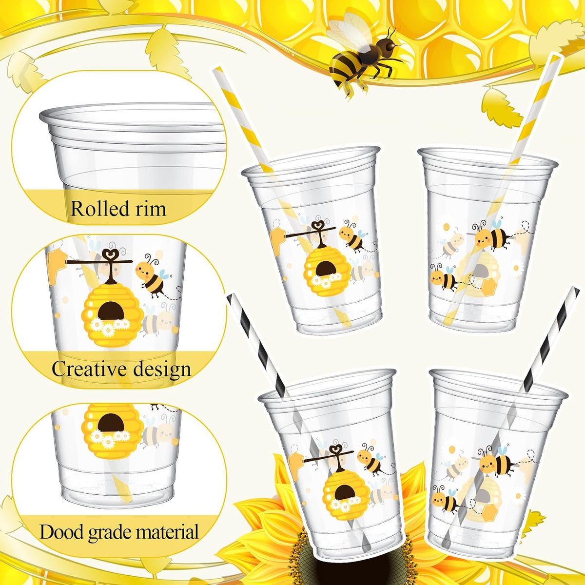 Teenyyou 12 oz clear plastic party cups with dirt bike design, lids and paper straws - view 17