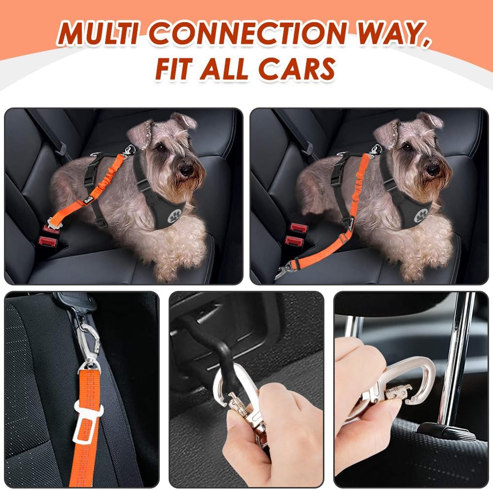 SlowTon Dog Seatbelt, 2 Pack Adjustable Heavy Duty Dog Safety Seat Belt – Essentials for Dogs - Orange / Seatbelt Clip + Carabiner - image 2