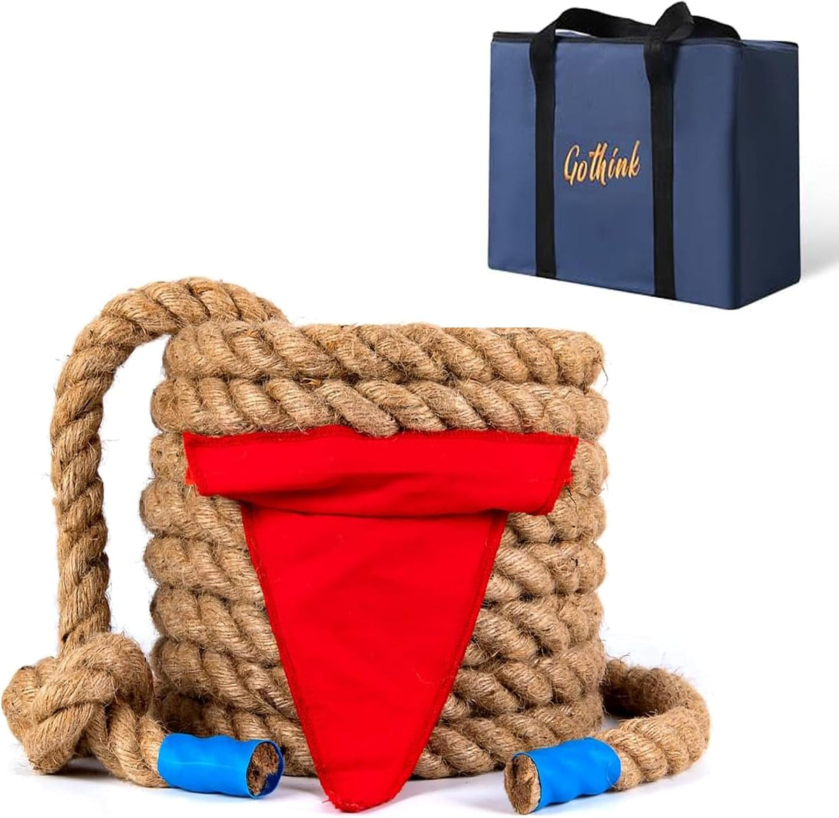 Gothink 50 ft tug of war rope for kids in natural jute with red flag and carrying bag - view 2