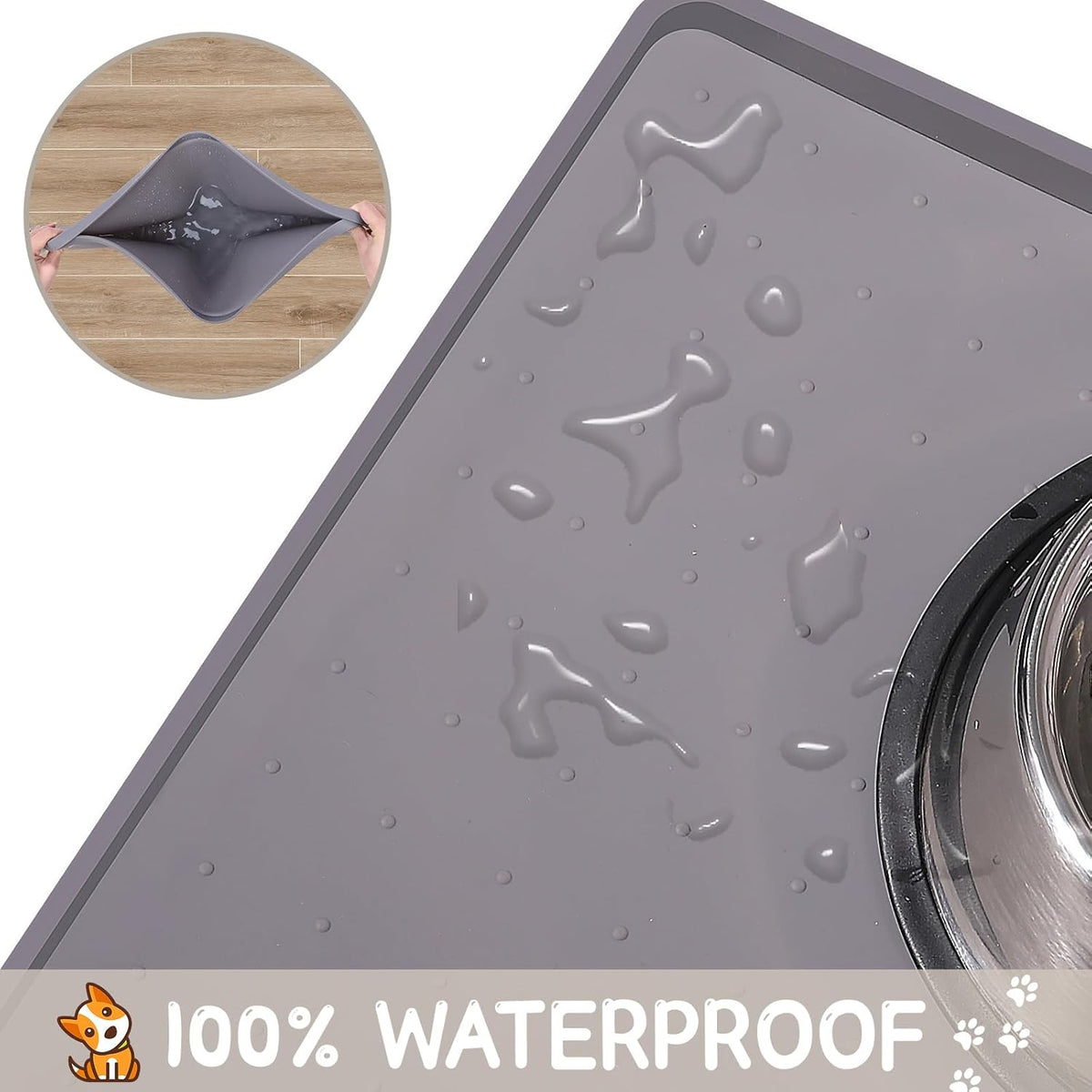 MateeyLife Silicone Cat & Dog Food Mat for Floors Waterproof - Gray / 18"L x 12"W - image 4