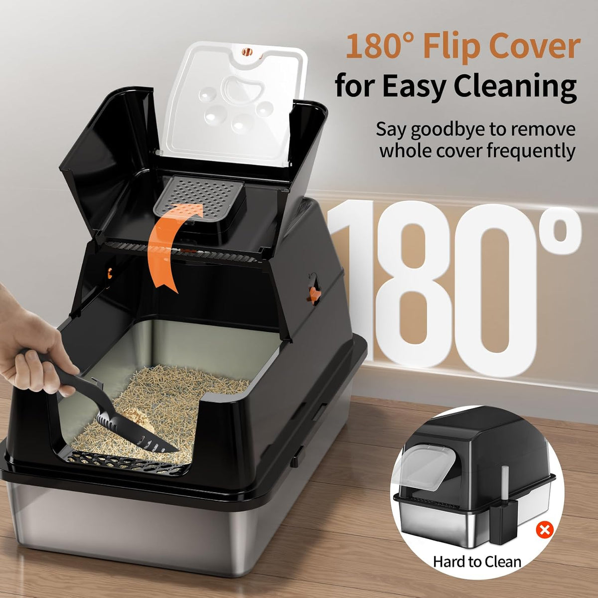 Stainless Steel Cat Litter Box with Lid, Flip-Top XL Large - Black - image 2
