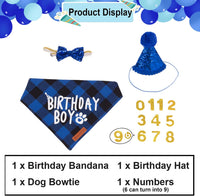 Dog Birthday Hat Bandana Set, Blue Plaid Boy Dog Bandana - Small / Blue - image 3