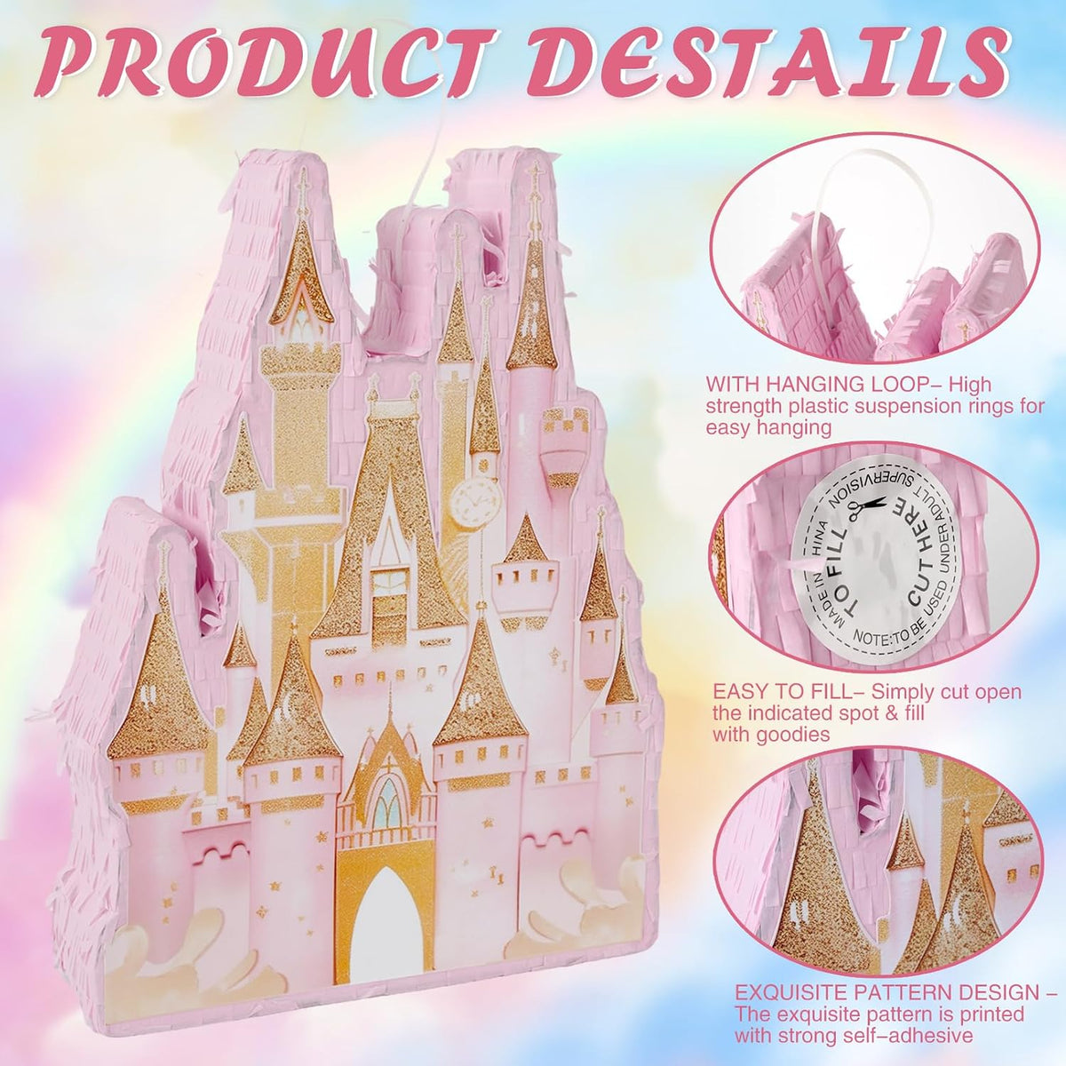 Princess Castle Pinata - Pink Castle Pinata with Blindfold and Bat for Girls Kids Princess Theme - Castle a - image 3