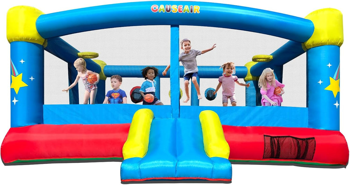 Causeair inflatable bounce house with slide, mesh walls and double basketball hoop