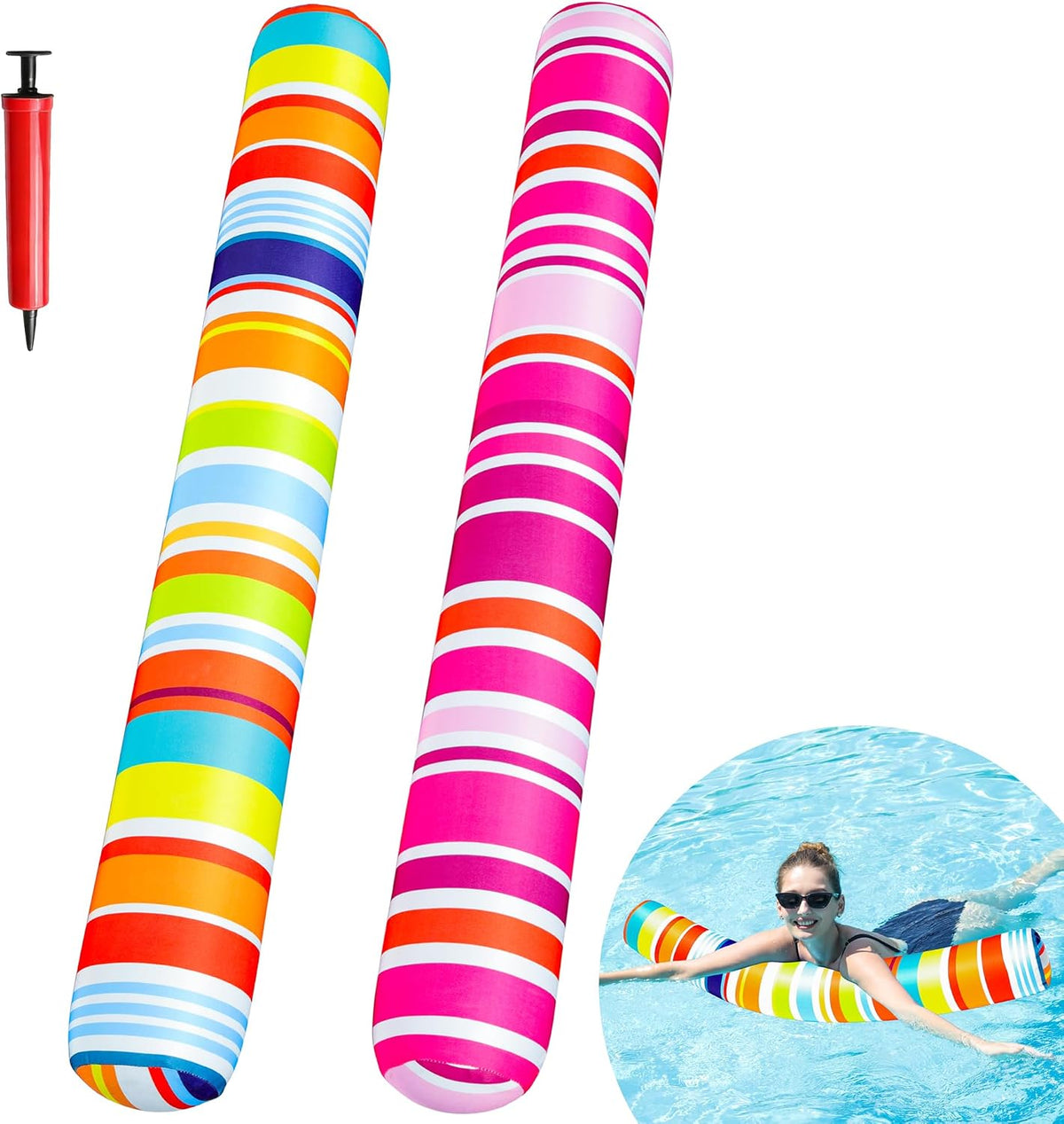 FindUWill 2-pack inflatable fabric-covered pool noodles in blue and green flower print - view 3