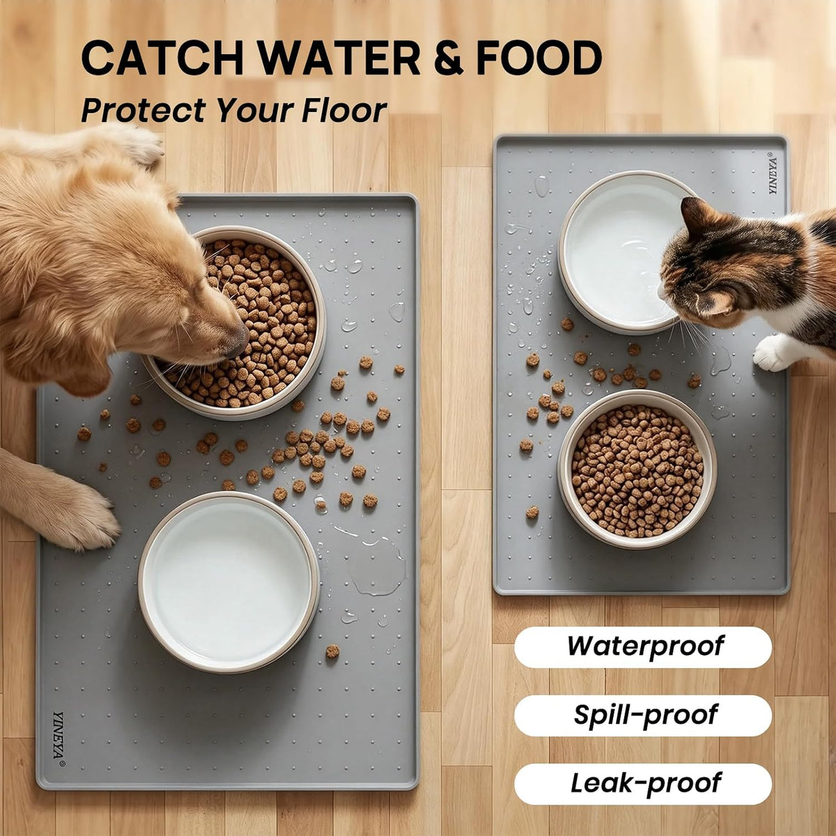 YINEYA 2 Pack Silicone Dog & Cat Food Mat Waterproof 18" x 12" - Gray / 18" x 12" - image 3