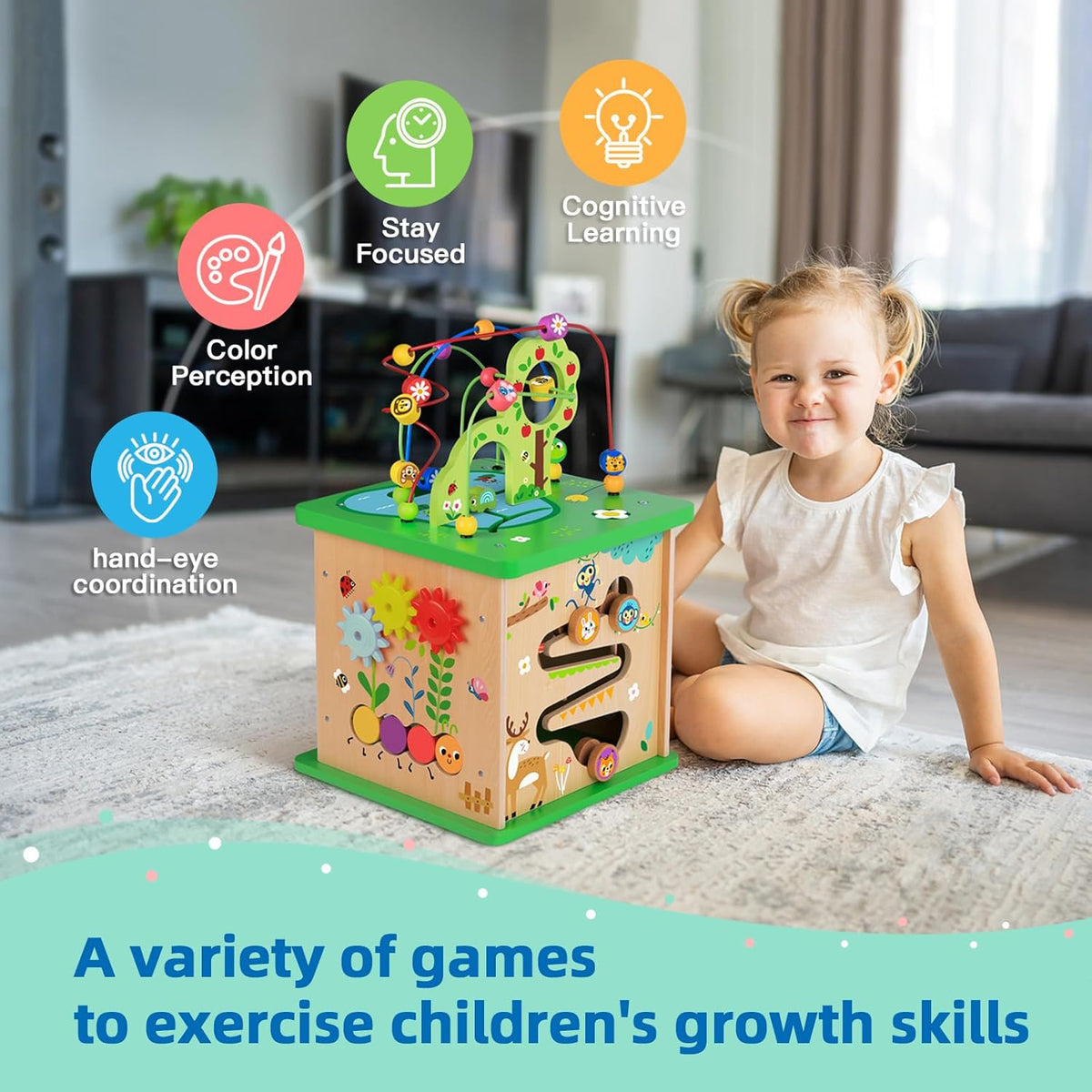 TOOKYLAND 5 in 1 wooden activity cube with bead maze, shape sorter and animal designs - view 3