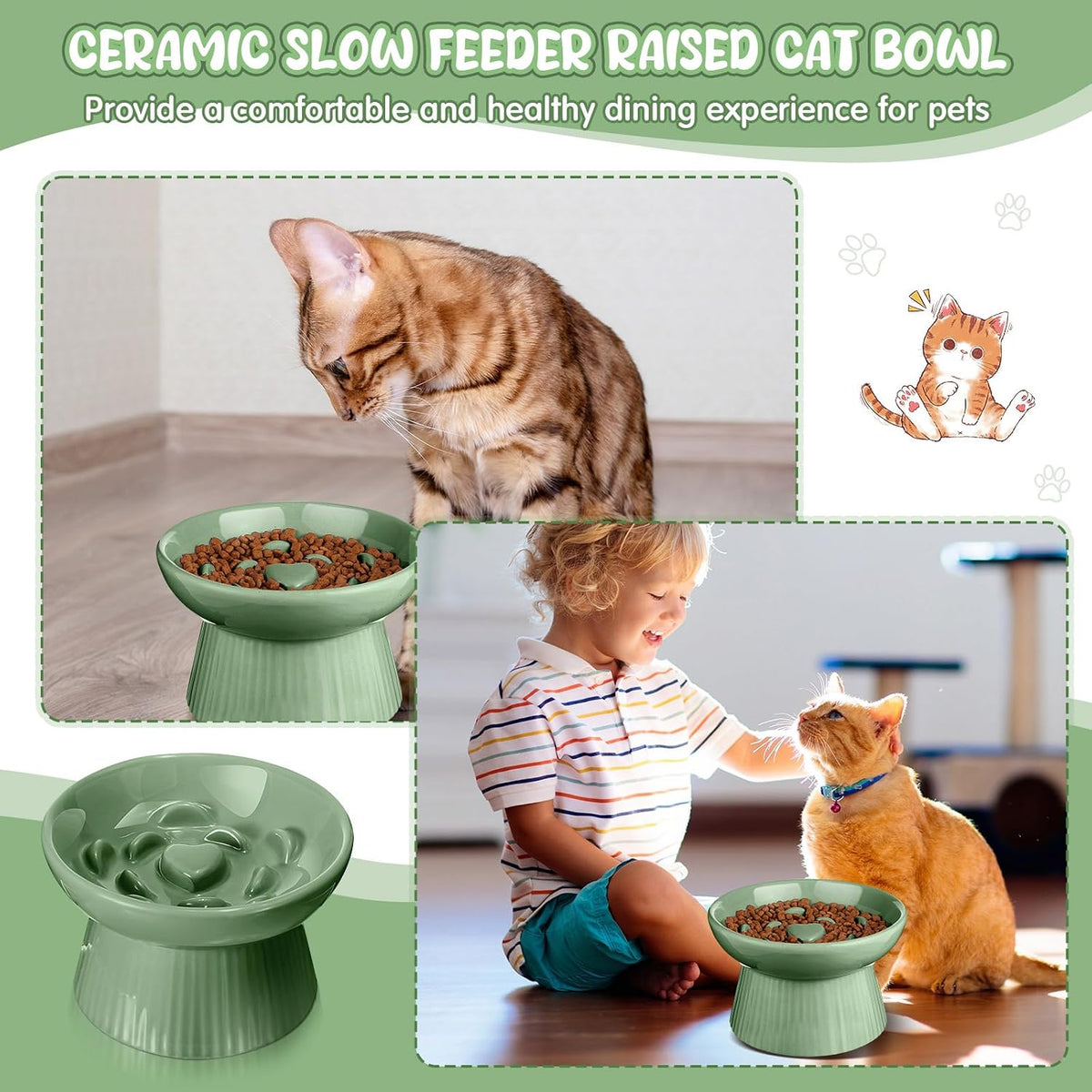Tioncy 2 Pcs Ceramic Elevated Slow Feeder Cat Bowl - Sage Green / 2 - image 3