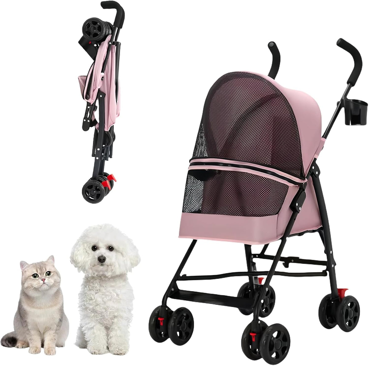 Cat Stroller Foldable Lightweight for Small Dogs Cats 0-15 lbs Pink – Essentials for Dogs - pink