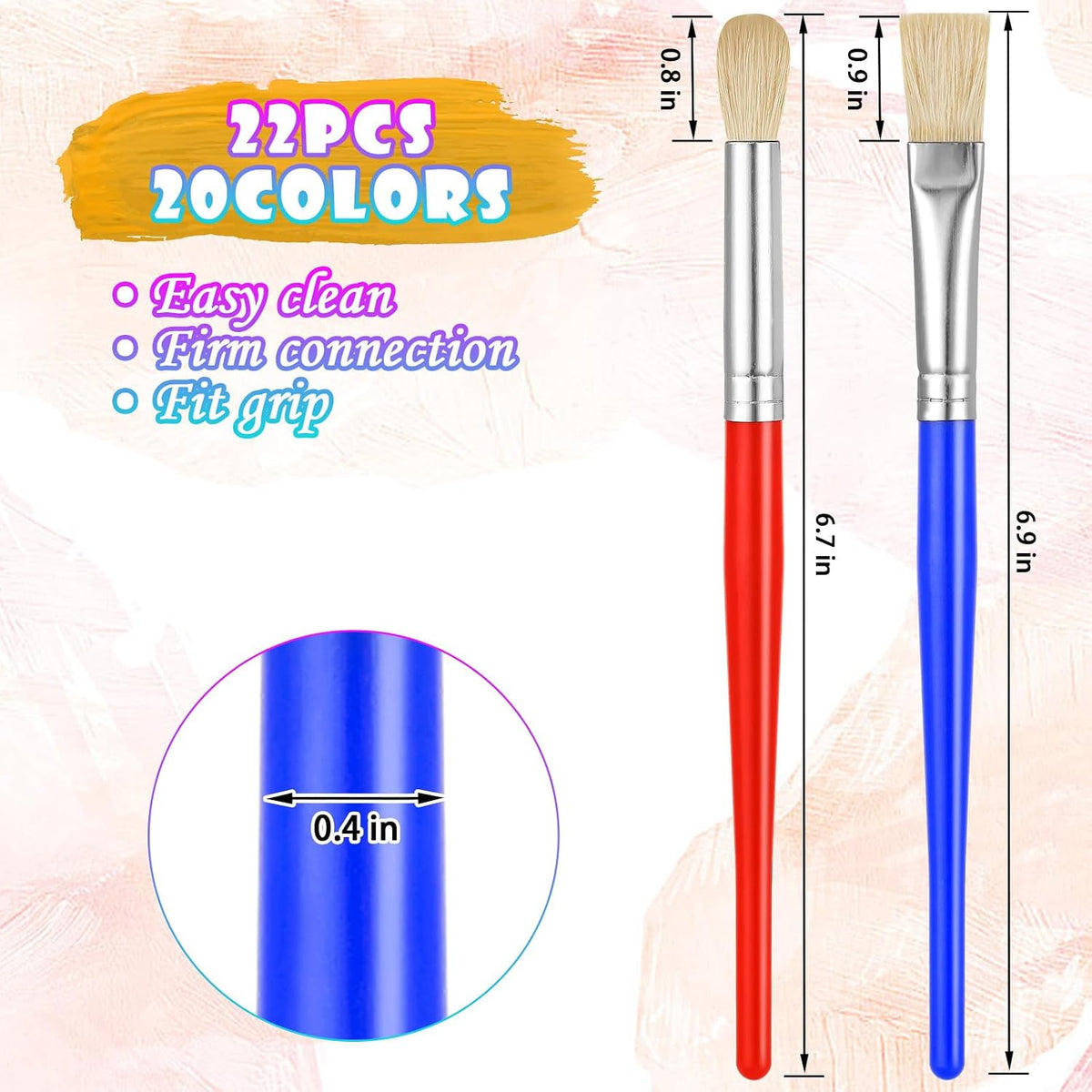 YGAOHF 22 piece toddler paint brushes with round and flat tips and bright handles - view 5