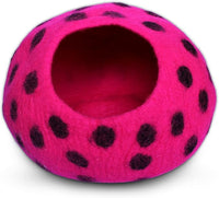 Woolygon Premium Felt Cat Cave Bed - Polka Dot Series - Wool Kitty Beds Handcrafted Kitten Caves Bed for Indoor Cats - Eco-Friendly Merino Wool, Foldable Cat Hideaway Cat Houses (Pink/Black Dots)