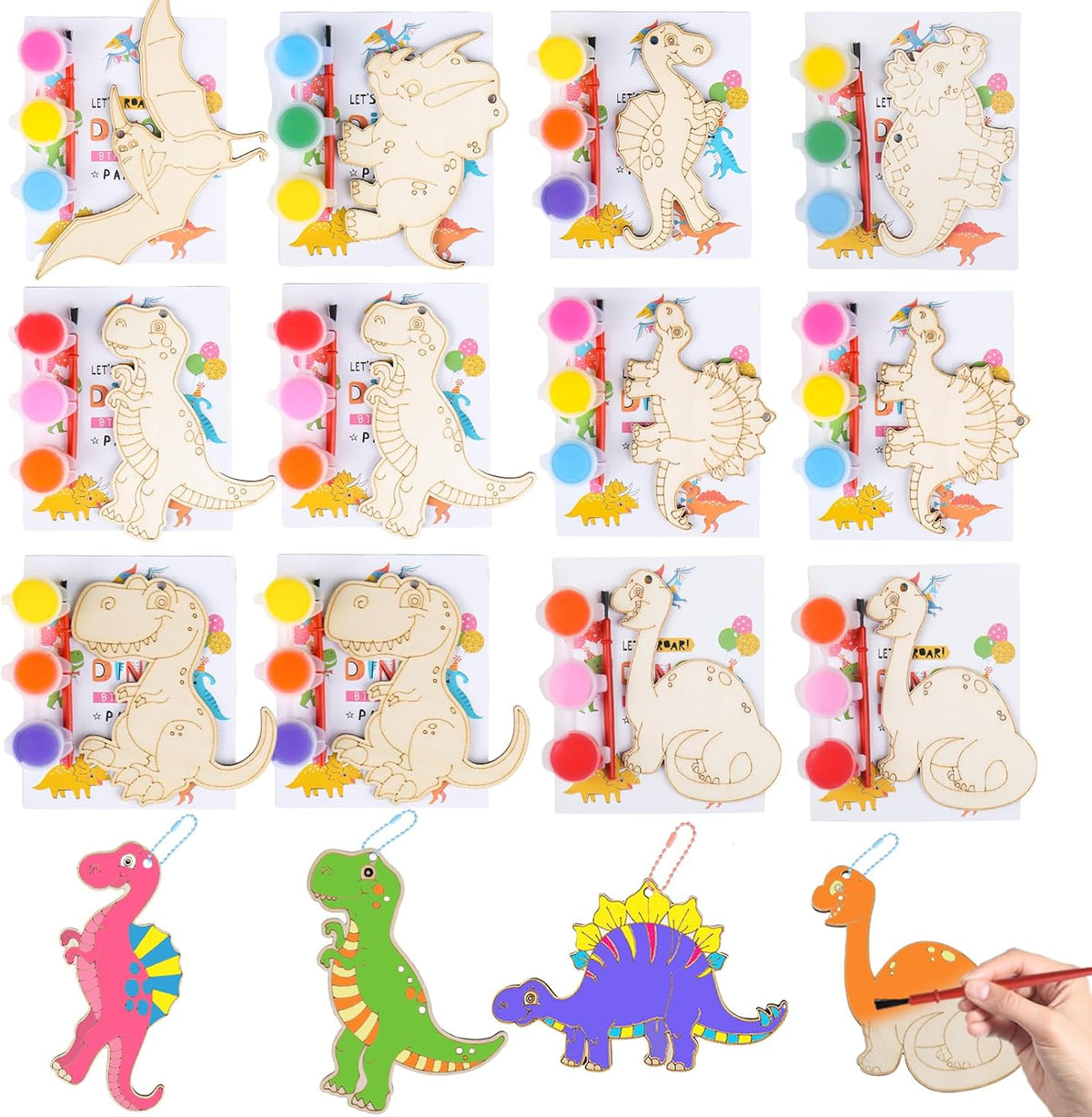 JOTIKO 12-pack dinosaur party favors with wooden keychains, paints and brushes - view 2