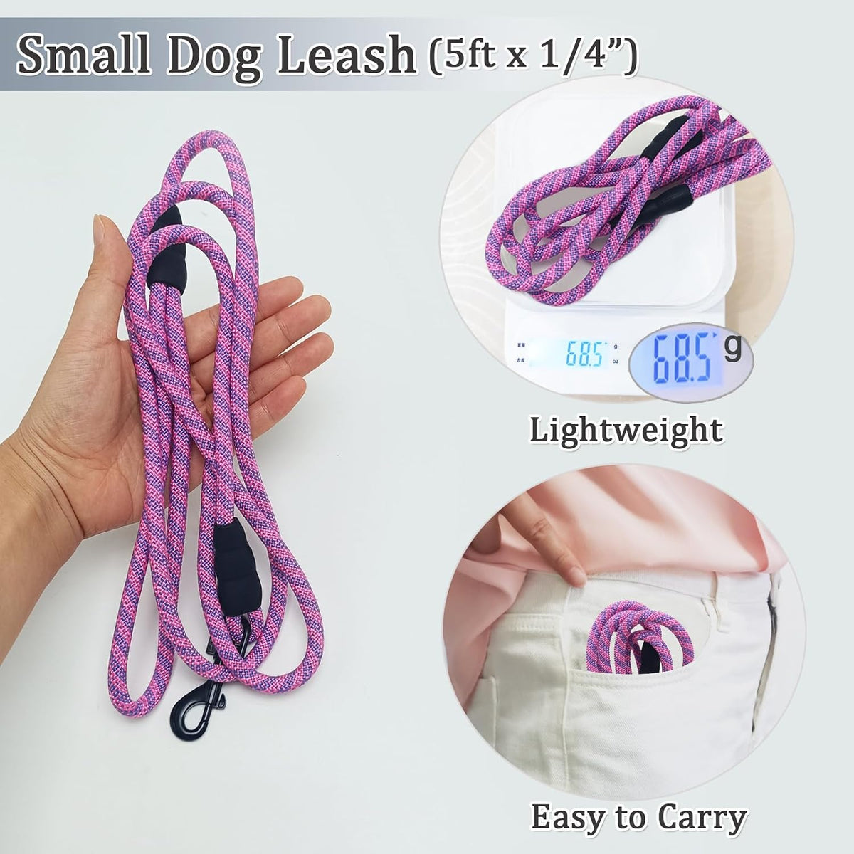 WYuZe 5ft Puppy Leash for Small Dogs Cats - Pink Purple / 5 FT (3~18 lbs) - image 2