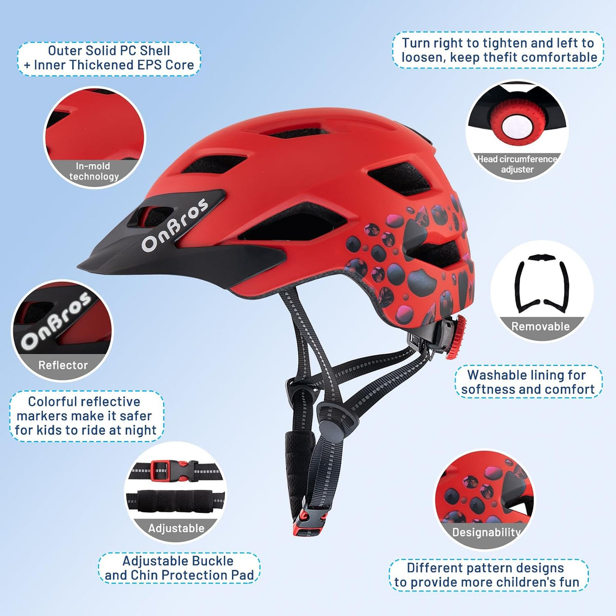 OnBros Kids Bike Helmet Boys Girls Youth Visor Adjustable 50-57CM – Fun for Kids & Family - B-Red Gemstone [NEW] - image 4
