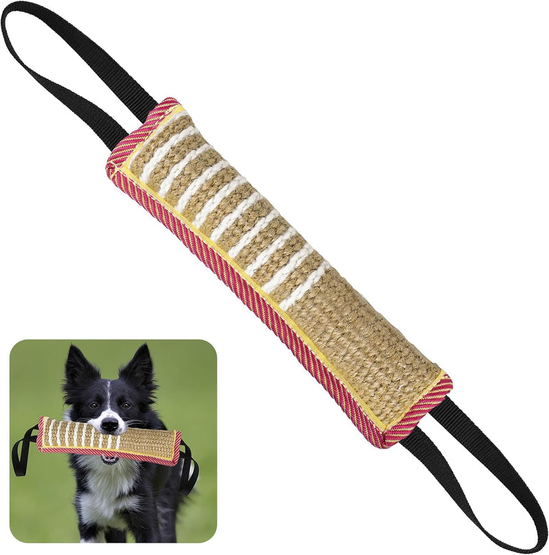 Dog Tug Toy, Dog Bite Jute Pillow Pull Toy with 2 Strong Handles - Pink & Yellow / Striped