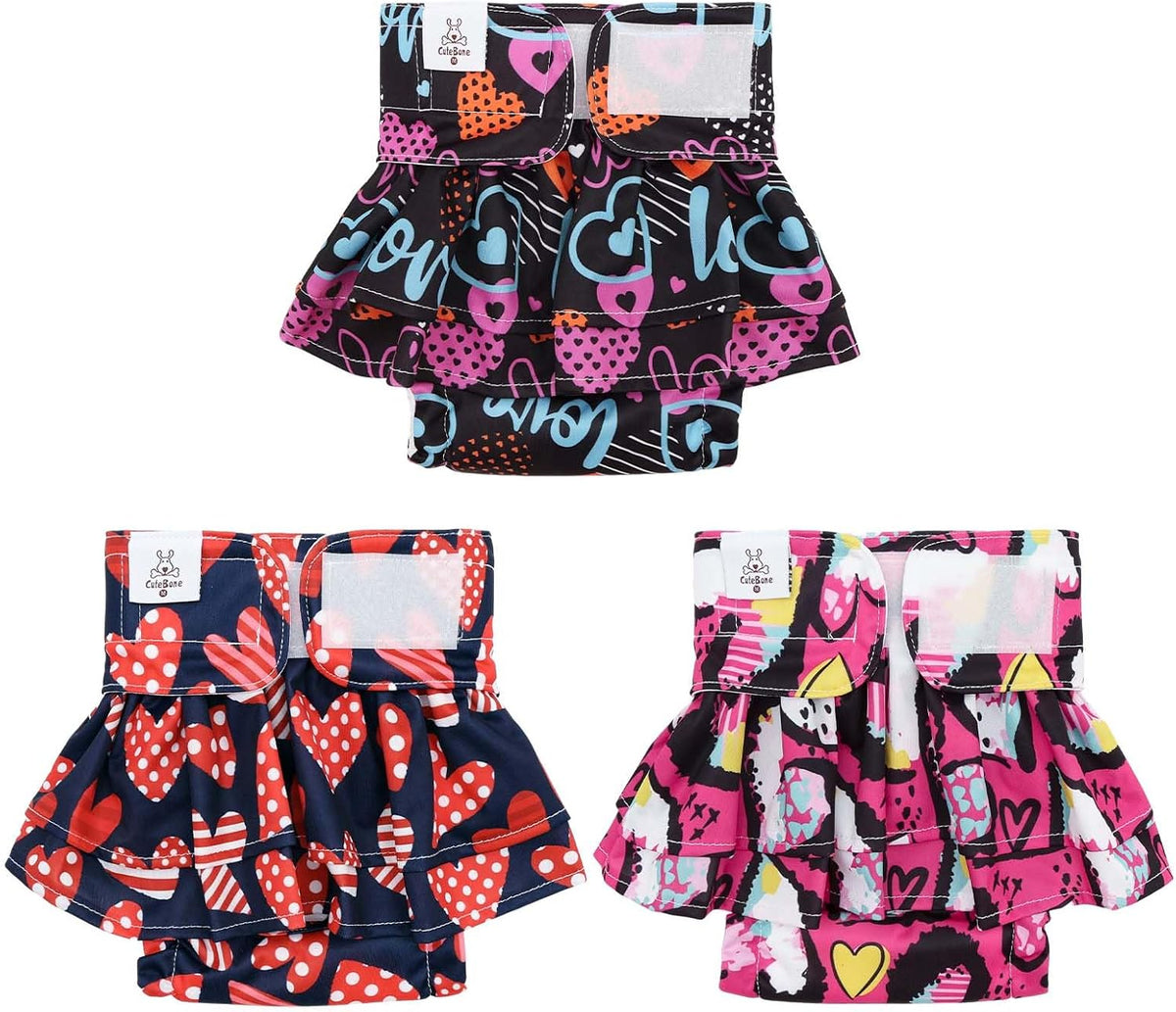 CuteBone Female Dog Diapers with Skirts 3 Pack Reusable Puppy Dresses - All hearts skirts 3pcs / M