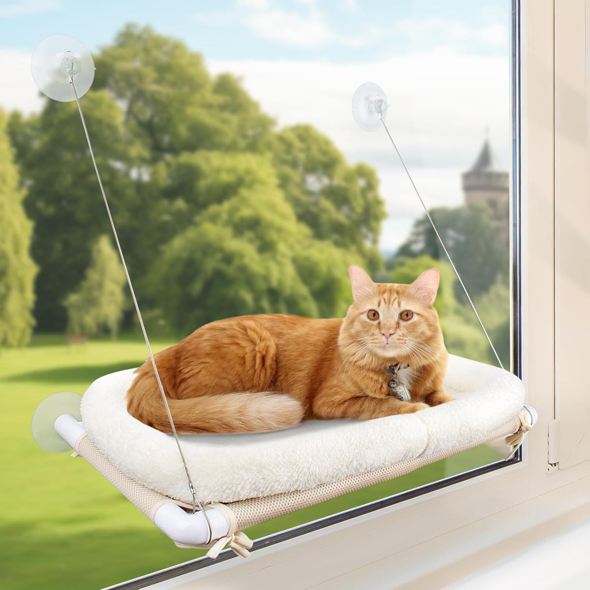 Cat Window Hammock – Mess-Free Waterproof Cats Window Perch for Large Cats, Strong Suction Cup - Cushion Bed Set