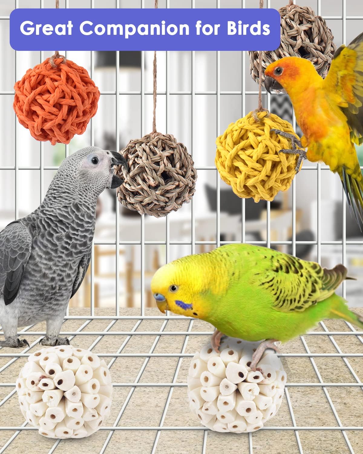 Bissap Bird Chew Toys, Parrot Foraging Shredder Natural Palm Frond Hanging Cage Toy for Conure - Balls - image 2