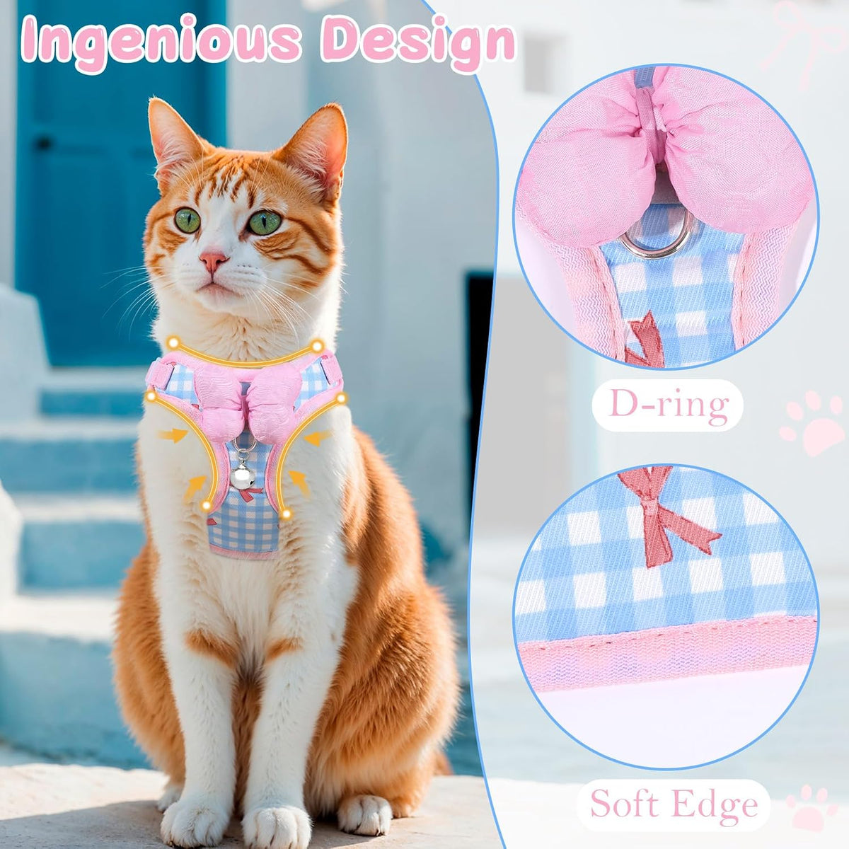 Cat Harness and Leash Set, Escape Proof Soft Vest Walk Pink XS – Essentials for Cats - Pink-Plaid / Medium - image 3