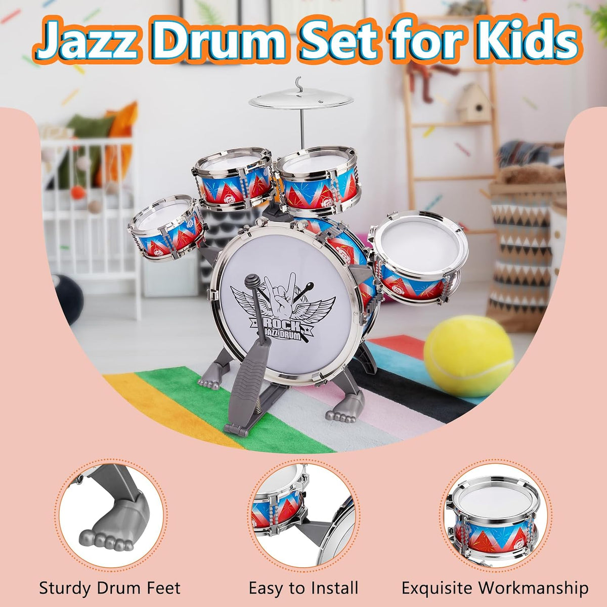 Toddlers Drum Set Kids Jazz Band Rock Kit for 3-5 Boys Girls Music Toy – Fun for Kids & Family - Red-blue - image 3