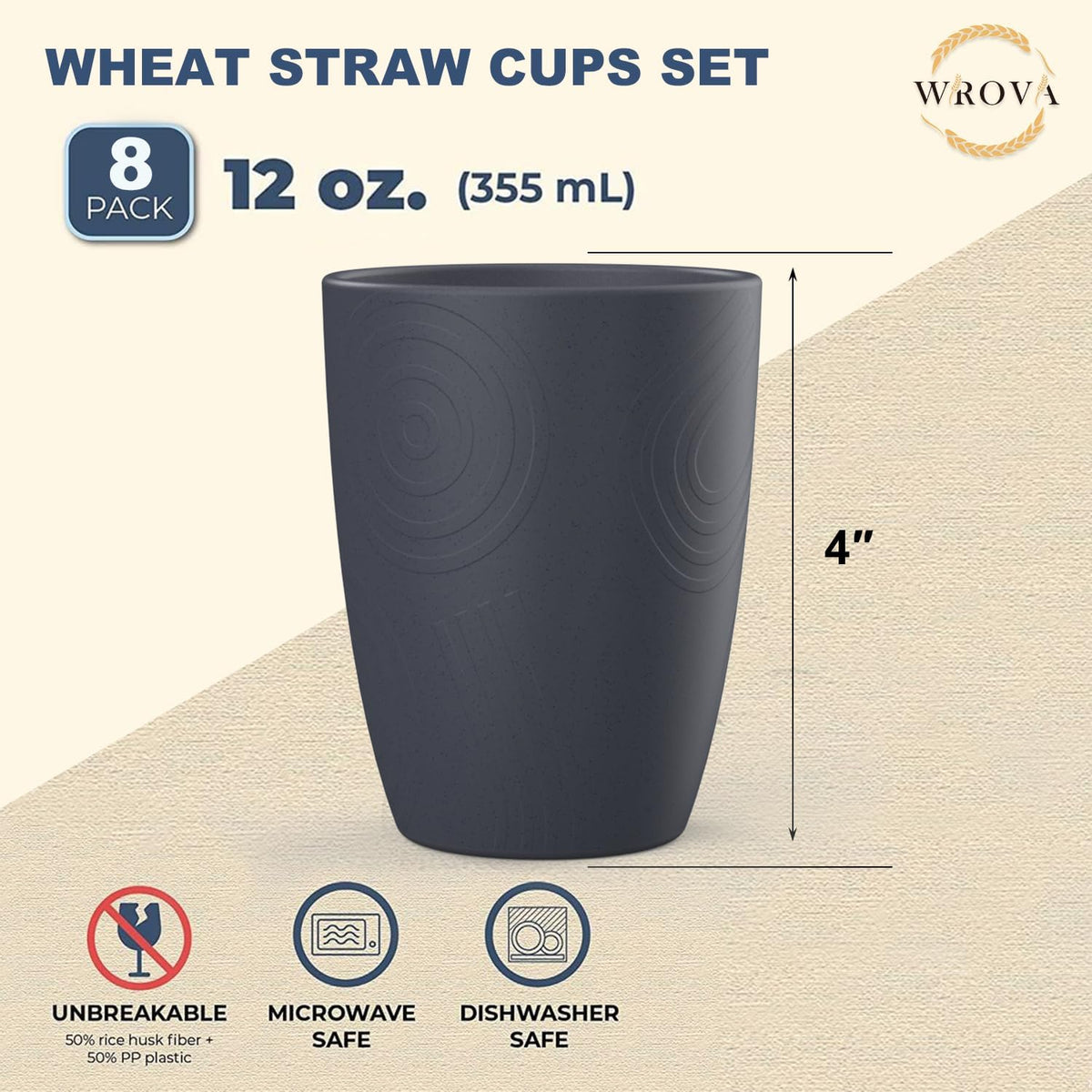 Wrova set of 8 black reusable wheat straw cups, 20 oz, stackable - view 23