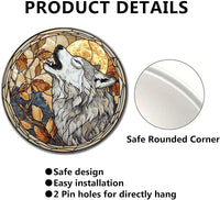 Lygond Metal Sign Tin Sign Circular Stained Glass Gray Wolf Funny Outdoor Decor for Gift 8×8 Inches