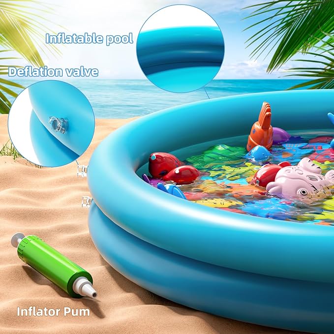Pool Fishing Toys Games, Water Table Bathtub Toy with Inflatable Pool Pole Rod Net Plastic Floating Fish, Birthday Gifts for Kids Age 3 4 5 6 Year 