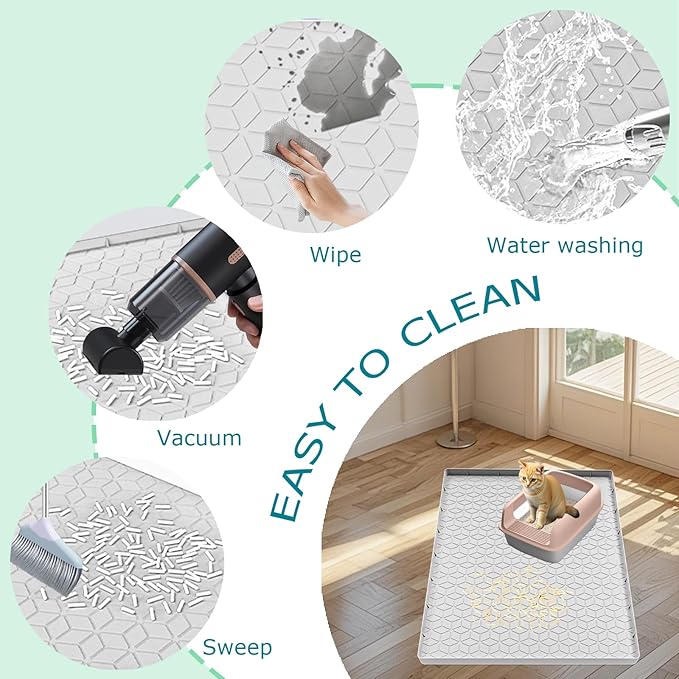Cat Litter Mat for Litter Box, Silicone Large Cat Litter Trapping Mat - 34x22 in, Waterproof & Non-Slip, Durable & Easy Clean, Light Gray