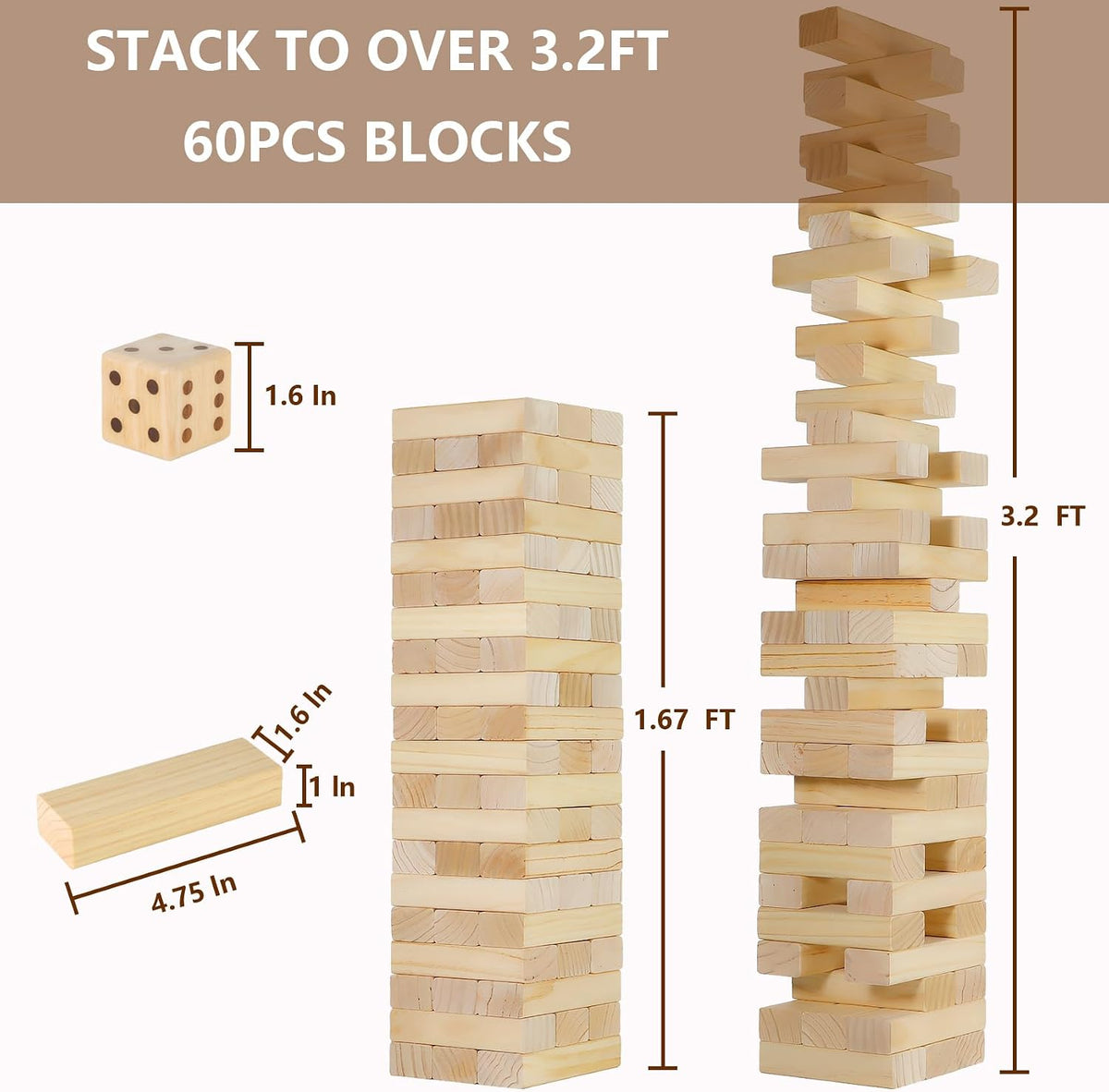 Aivalas Giant Tumble Tower 57 Blocks 4.2FT Indoor Outdoor Games - M-Over 3.2 FT-60PCS - image 2