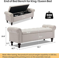 58.1'' Storage Bench Upholstered Linen End of Bedroom Bed Bench Ottoman with Tufted Cushioned Rolled Arm Large Storage Space for Reading Living Room Entryway, Beige