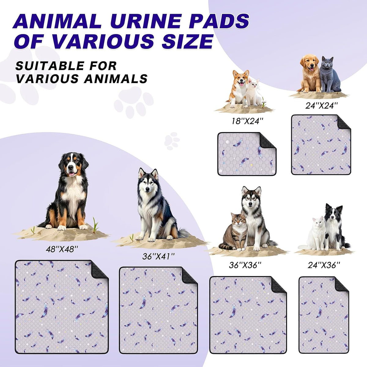 Washable Dog Pee Pads, Non-Slip Waterproof, Feather - Feather Pattern / 18"x24"(Pack of 4) - image 4