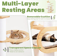 82.7'' Large Cat Tree, Modern Cat Tower with Scratching Post, Luxury Cat House, Wood Cat Tree for Indoor Cats Large Adult, Multi-Level Activity Center with Hammock, Clear Bowl, Semi-Closed Condo