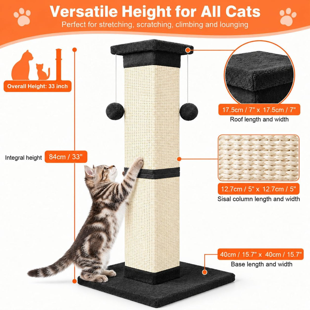 SOCATER Cat Scratching Post 33 Inch, Beige – Essentials for Cats - Black - image 2