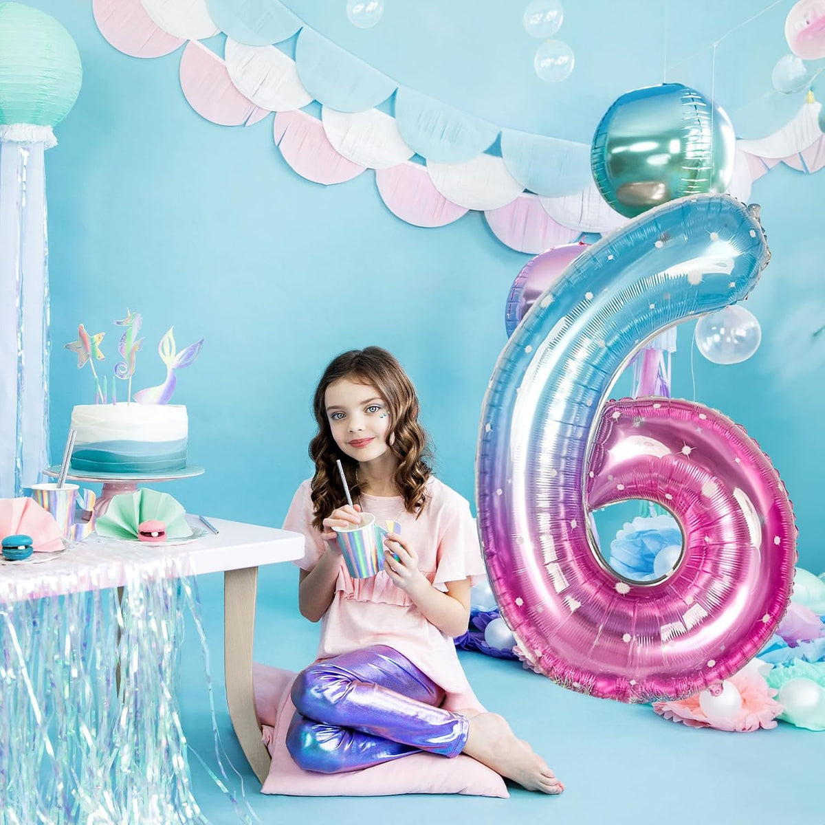 Checkered Number Balloon 1 - Blue Pink Starry / Number 6 - image 3