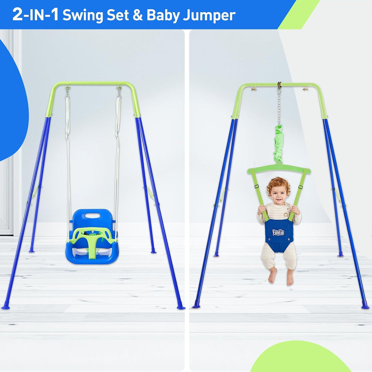 FUNLIO 2 in 1 Baby Jumper and Swing with 4 Sandbags - Blue+green - image 2